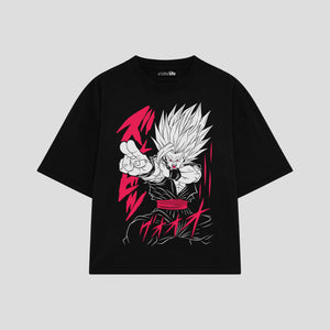 Playera streetwear premium de anime y gaming ExtraLife MX, corte boxy oversized drop shoulder heavyweight en color Deep Black y Off-White, moda urbana mexicana de culto.
