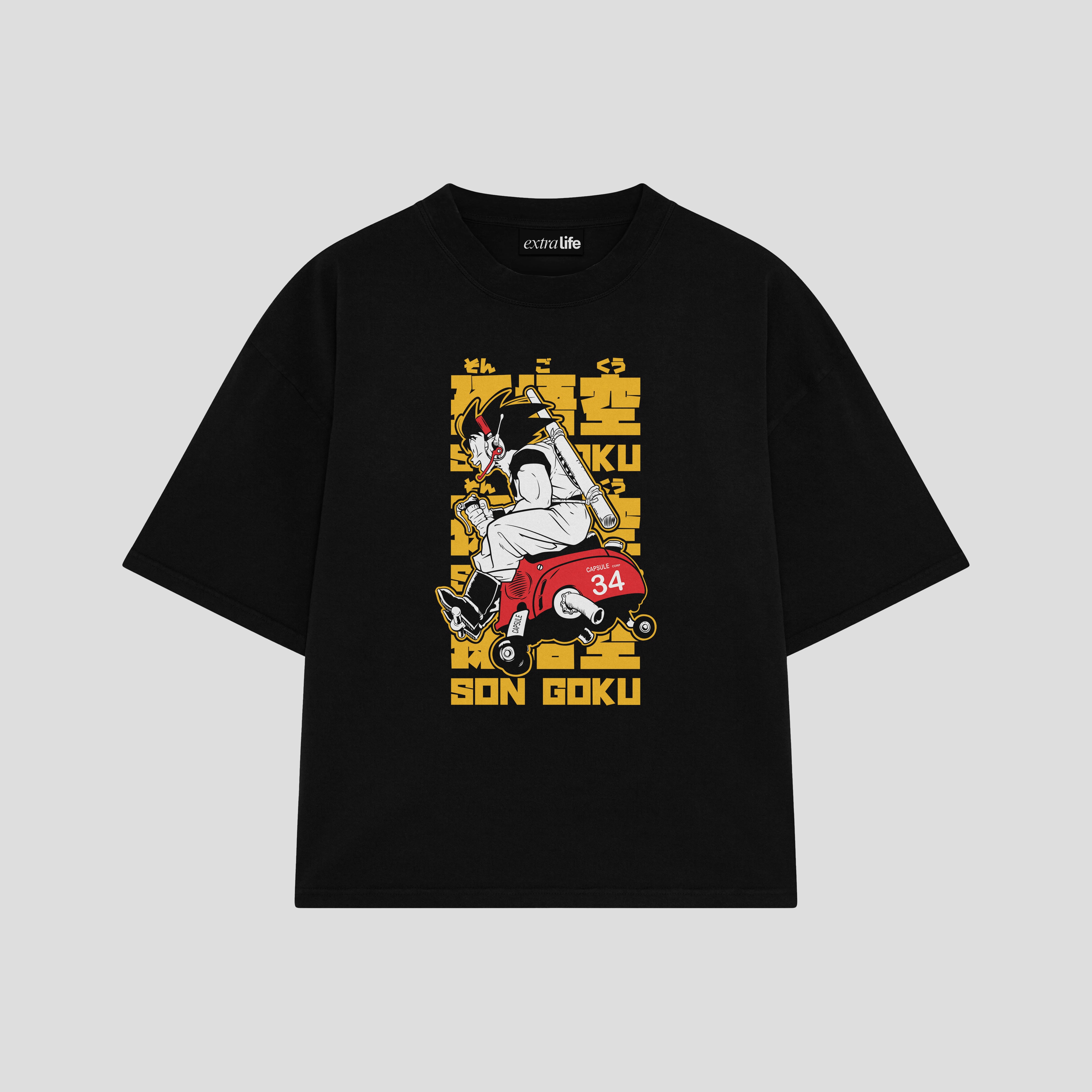 Playera streetwear premium de anime y gaming ExtraLife MX, corte boxy oversized drop shoulder heavyweight en color Deep Black y Off-White, moda urbana mexicana de culto.