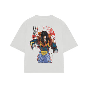 Playera streetwear premium de anime y gaming ExtraLife MX, corte boxy oversized drop shoulder heavyweight en color Deep Black y Off-White, moda urbana mexicana de culto.