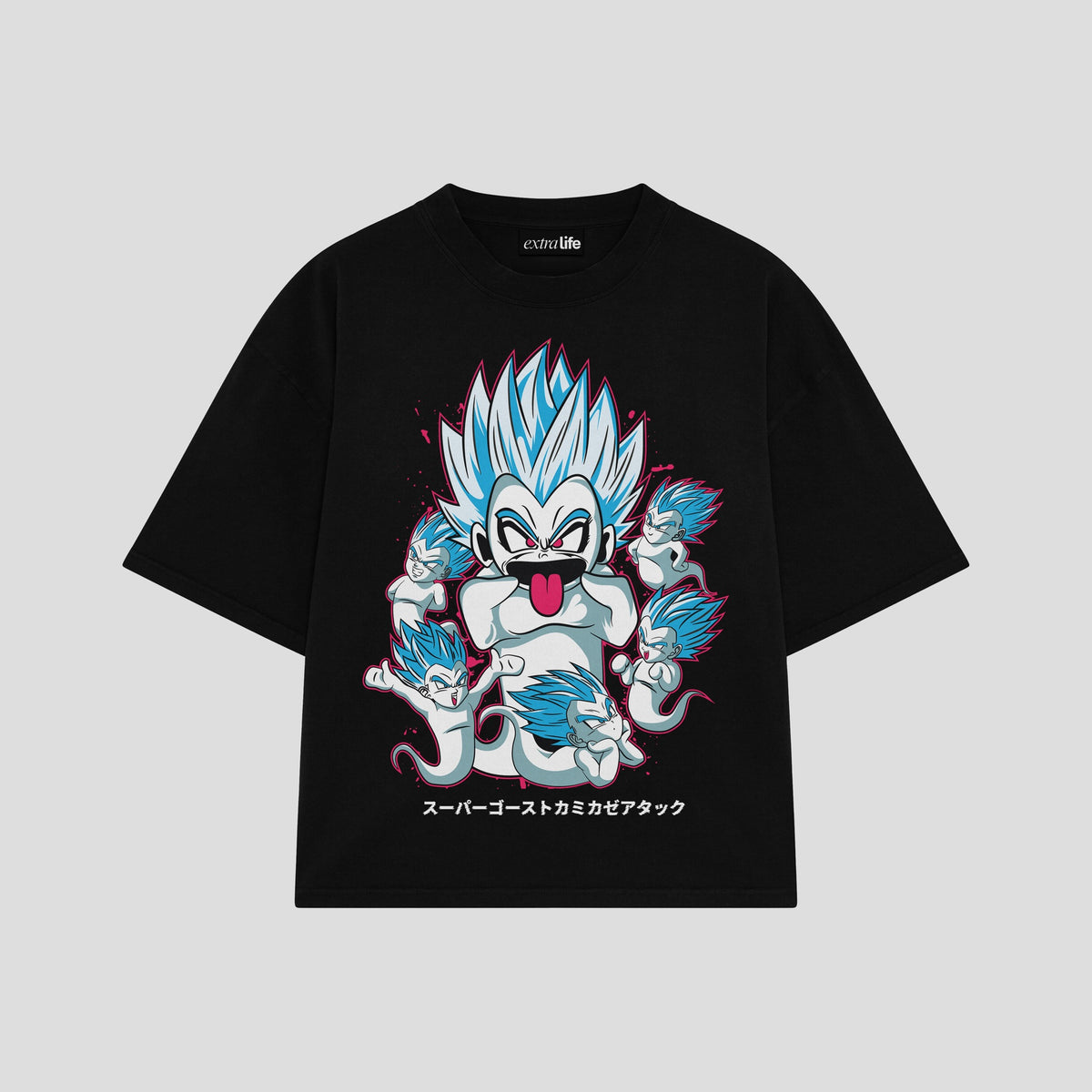 Playera streetwear premium de anime y gaming ExtraLife MX, corte oversized drop shoulder ligero y fresco en color Deep Black y Off-White, moda urbana mexicana de culto.