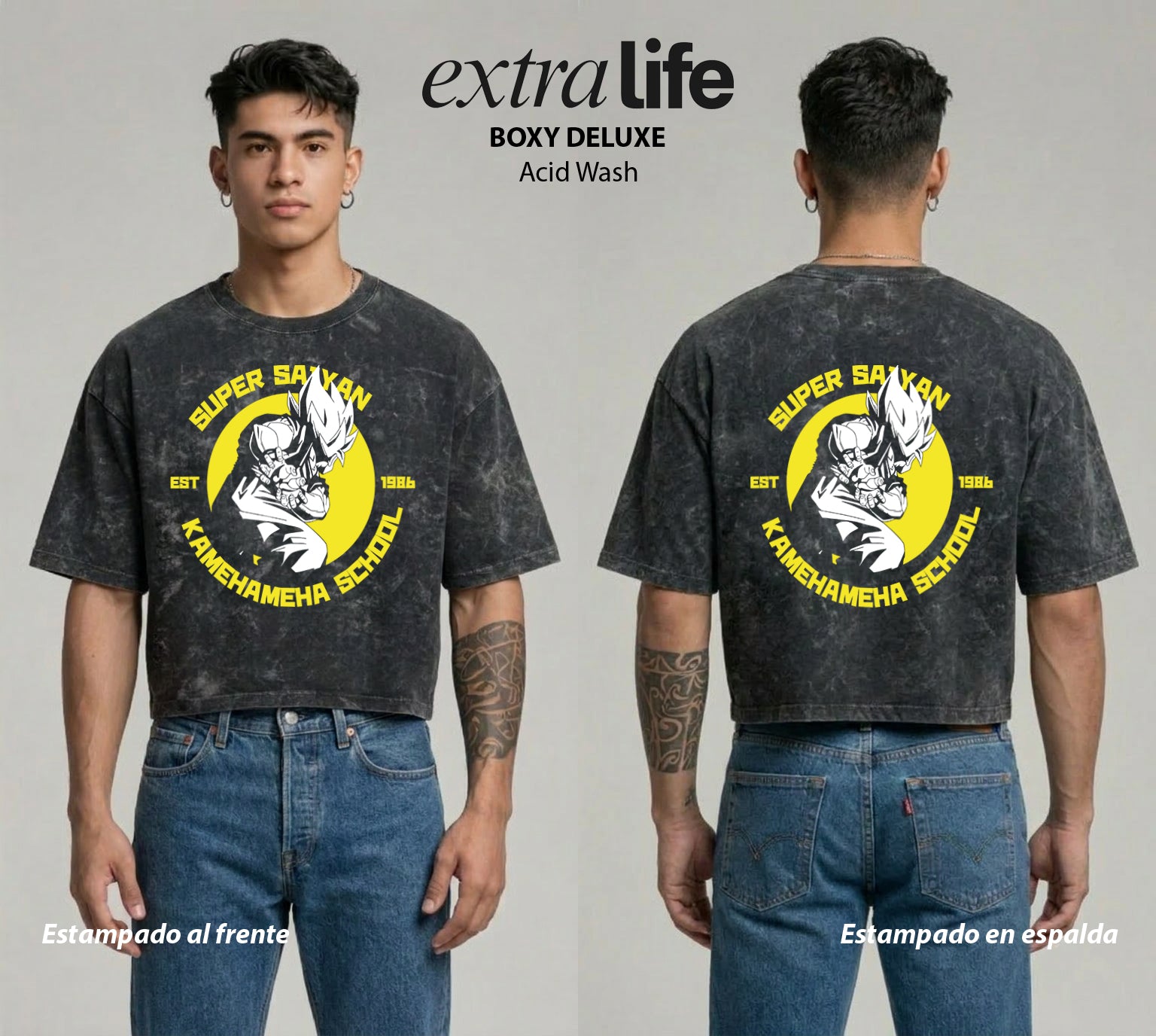 Playera streetwear premium de anime y gaming ExtraLife MX, corte boxy deluxe mineral wash heavyweight en color Acid Wash, moda urbana mexicana de culto.