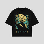 Playera streetwear premium de anime y gaming ExtraLife MX, corte boxy oversized drop shoulder heavyweight en color Deep Black y Off-White, moda urbana mexicana de culto.