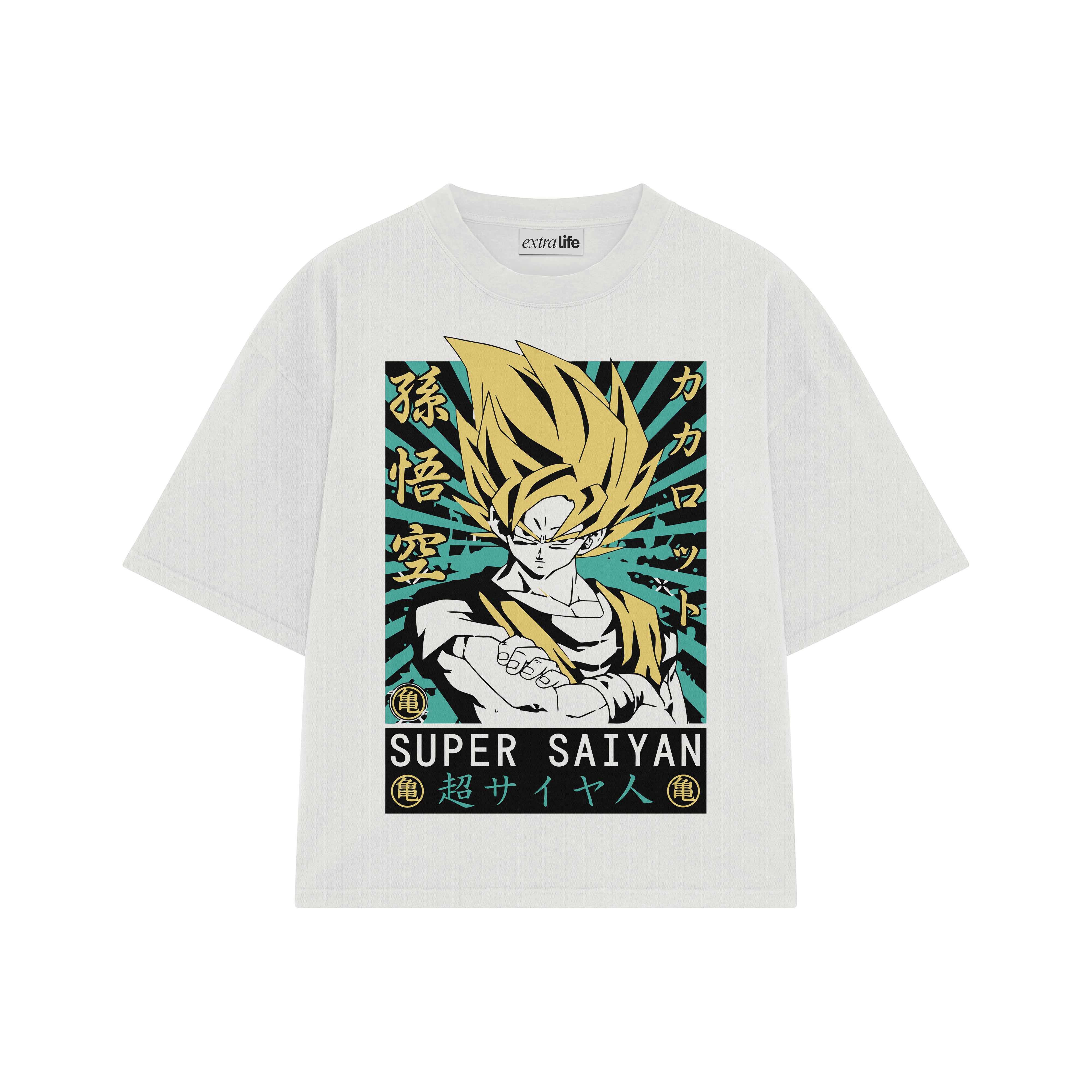 Playera streetwear premium de anime y gaming ExtraLife MX, corte boxy oversized drop shoulder heavyweight en color Deep Black y Off-White, moda urbana mexicana de culto.