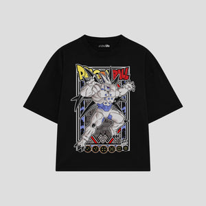 Playera streetwear premium de anime y gaming ExtraLife MX, corte boxy oversized drop shoulder heavyweight en color Deep Black y Off-White, moda urbana mexicana de culto.