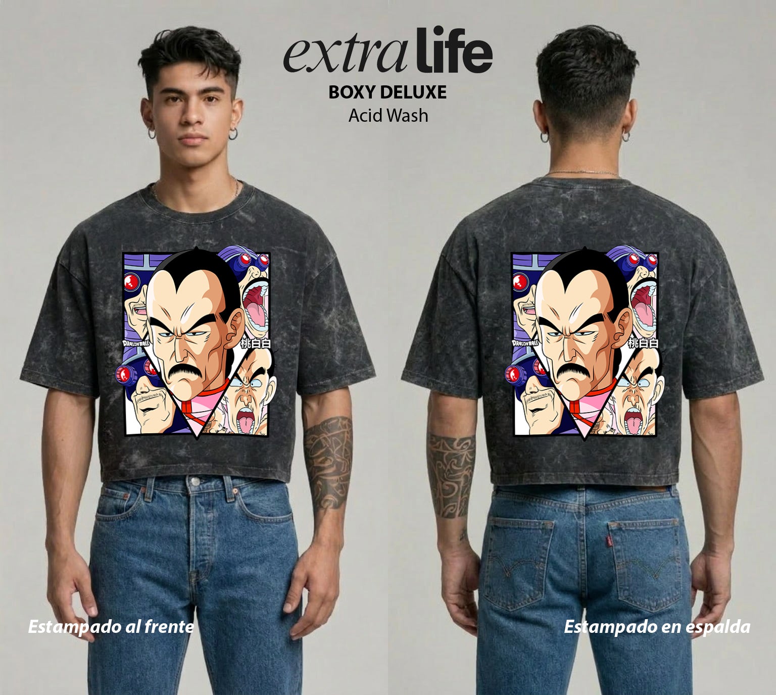 Playera streetwear premium de anime y gaming ExtraLife MX, corte boxy deluxe mineral wash heavyweight en color Acid Wash, moda urbana mexicana de culto.
