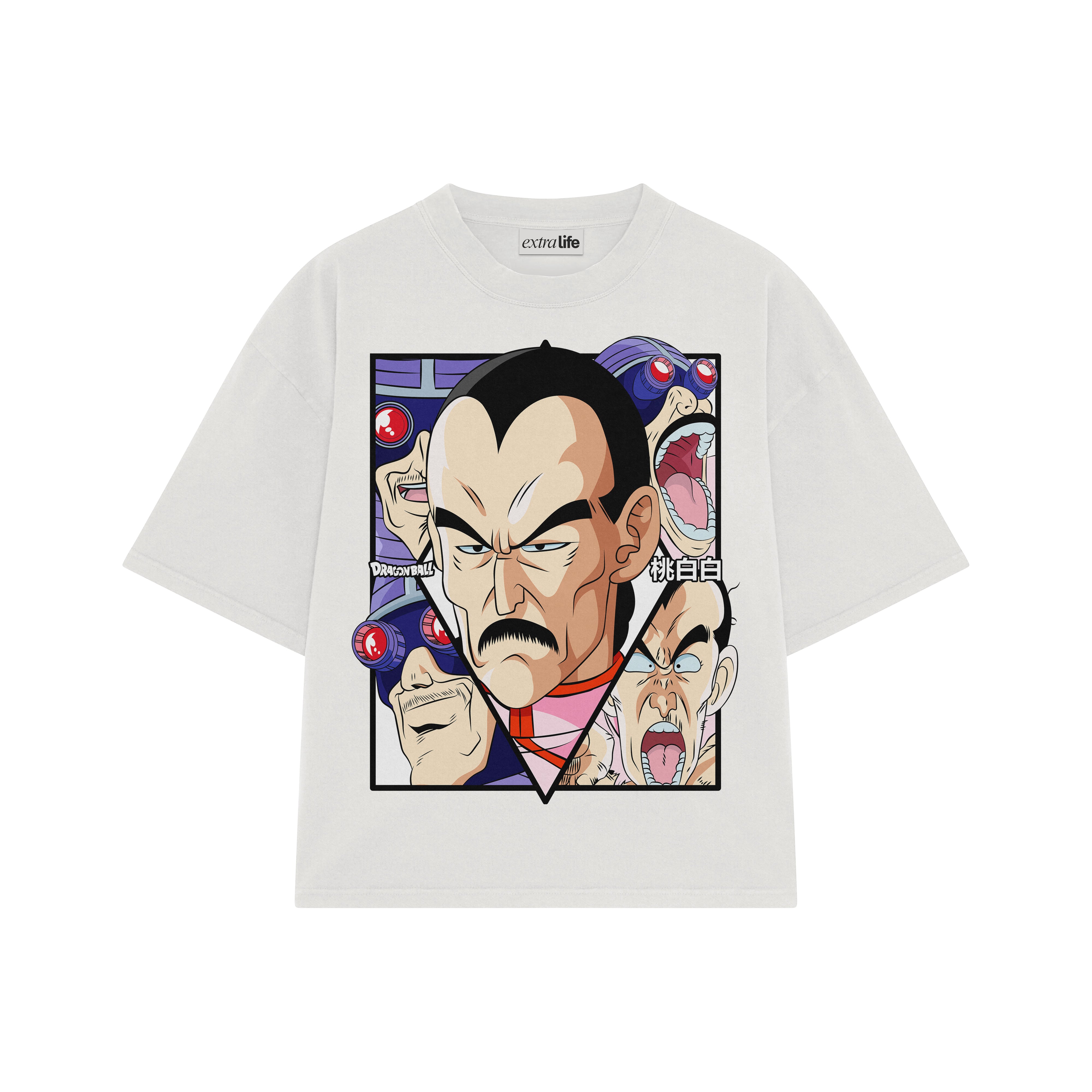 Playera streetwear premium de anime y gaming ExtraLife MX, corte boxy oversized drop shoulder heavyweight en color Deep Black y Off-White, moda urbana mexicana de culto.
