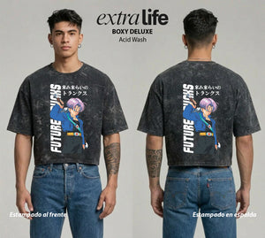 Playera streetwear premium de anime y gaming ExtraLife MX, corte boxy deluxe mineral wash heavyweight en color Acid Wash, moda urbana mexicana de culto.