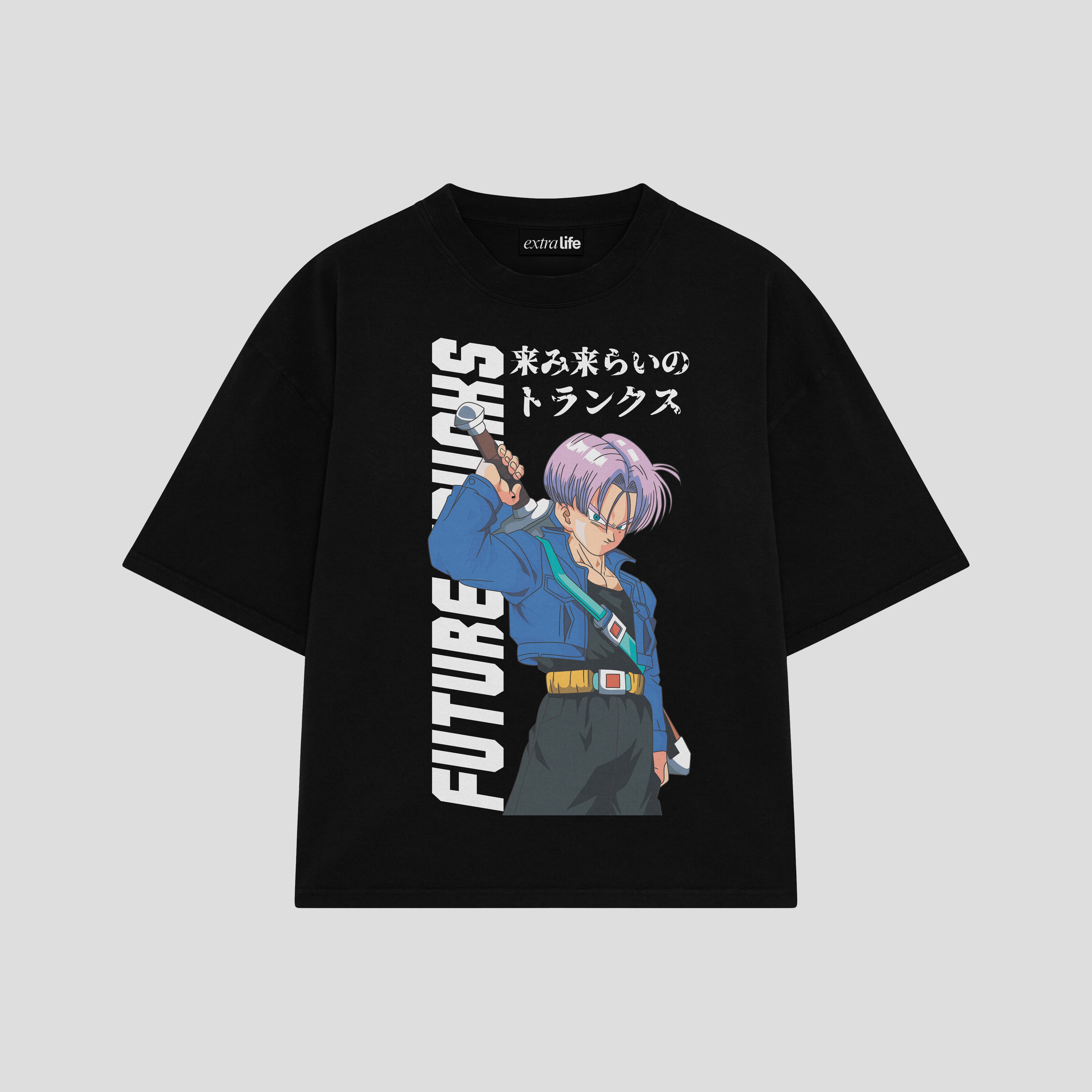 Playera streetwear premium de anime y gaming ExtraLife MX, corte boxy oversized drop shoulder heavyweight en color Deep Black y Off-White, moda urbana mexicana de culto.