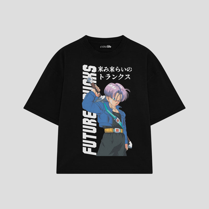 Playera streetwear premium de anime y gaming ExtraLife MX, corte boxy oversized drop shoulder heavyweight en color Deep Black y Off-White, moda urbana mexicana de culto.