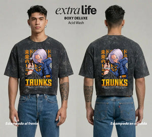 Playera streetwear premium de anime y gaming ExtraLife MX, corte boxy deluxe mineral wash heavyweight en color Acid Wash, moda urbana mexicana de culto.