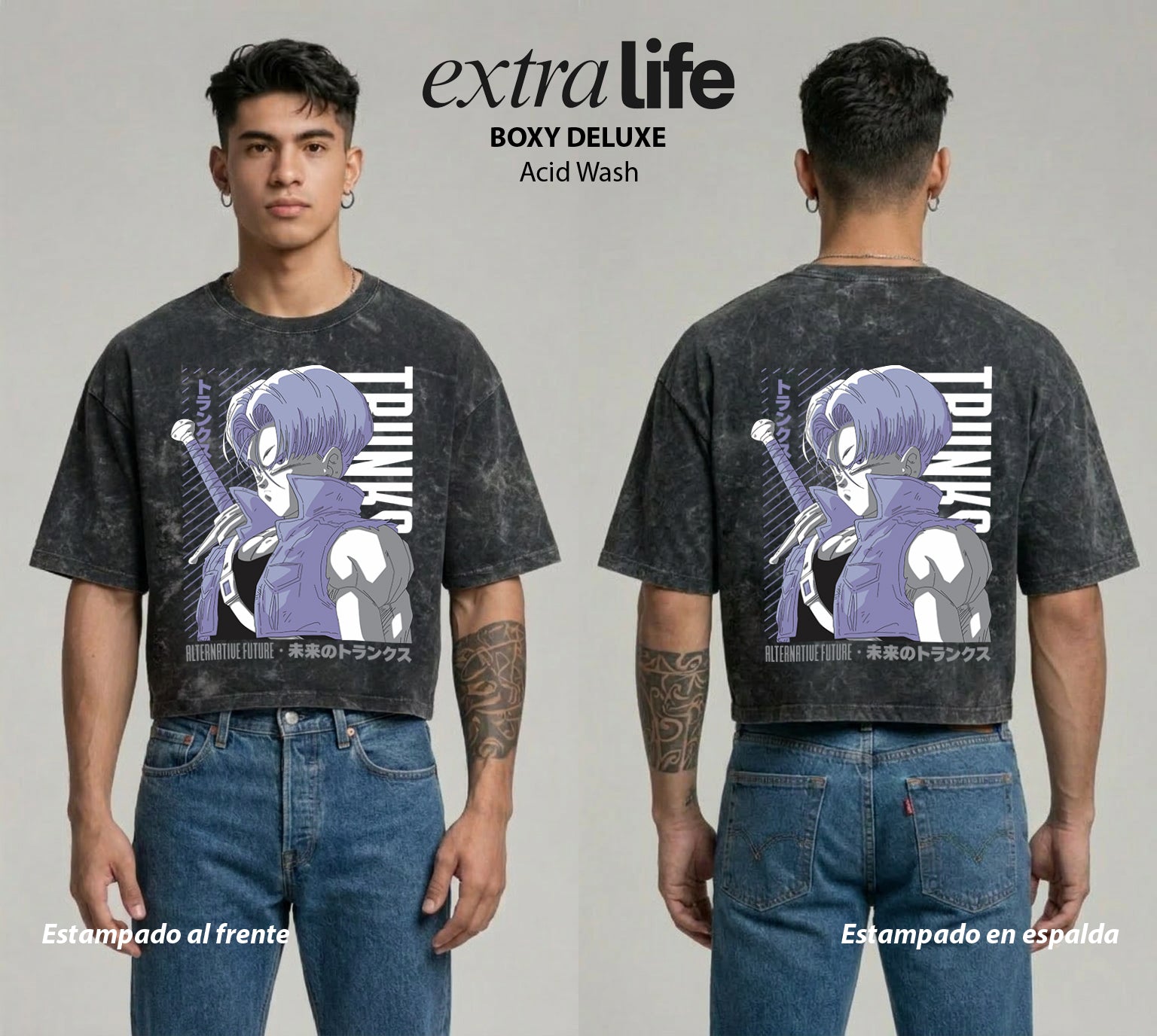 Playera streetwear premium de anime y gaming ExtraLife MX, corte boxy deluxe mineral wash heavyweight en color Acid Wash, moda urbana mexicana de culto.