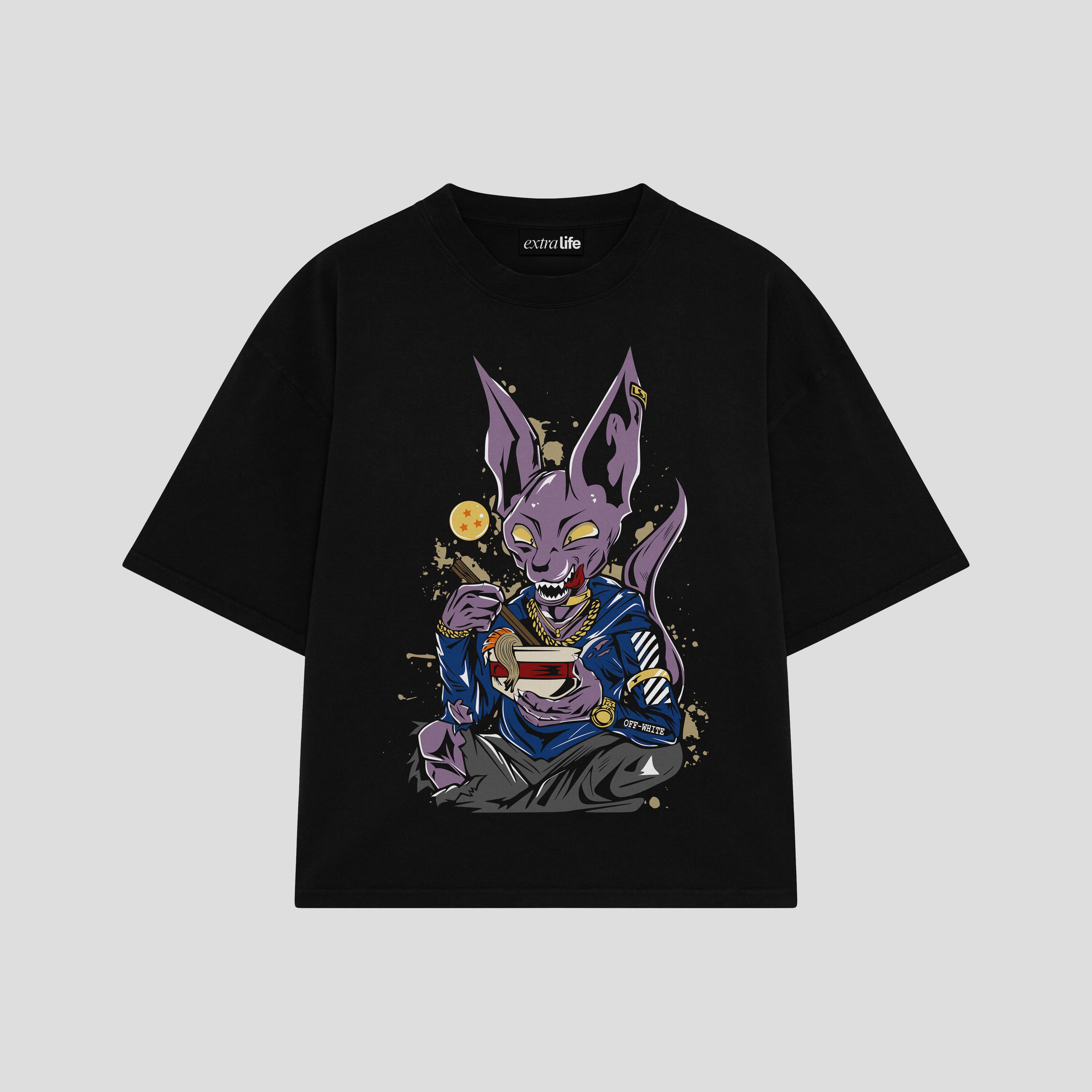 Playera streetwear premium de anime y gaming ExtraLife MX, corte boxy oversized drop shoulder heavyweight en color Deep Black y Off-White, moda urbana mexicana de culto.