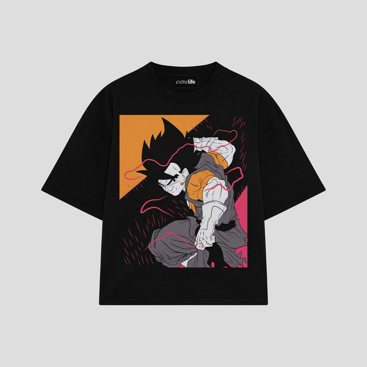 Playera streetwear premium de anime y gaming ExtraLife MX, corte oversized drop shoulder ligero y fresco en color Deep Black y Off-White, moda urbana mexicana de culto.