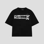 Playera streetwear premium de anime y gaming ExtraLife MX, corte boxy oversized drop shoulder heavyweight en color Deep Black y Off-White, moda urbana mexicana de culto.