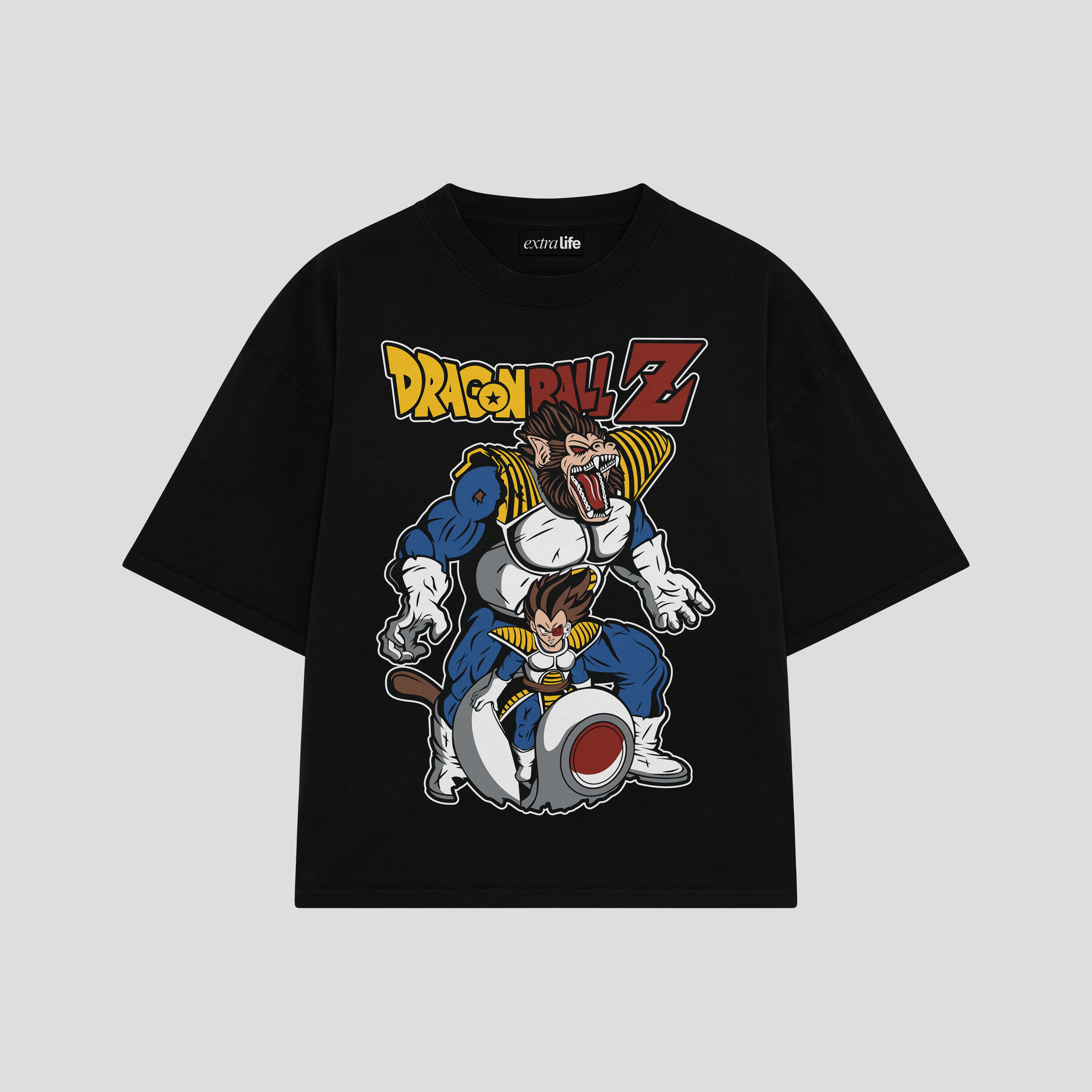 Playera streetwear premium de anime y gaming ExtraLife MX, corte boxy oversized drop shoulder heavyweight en color Deep Black y Off-White, moda urbana mexicana de culto.