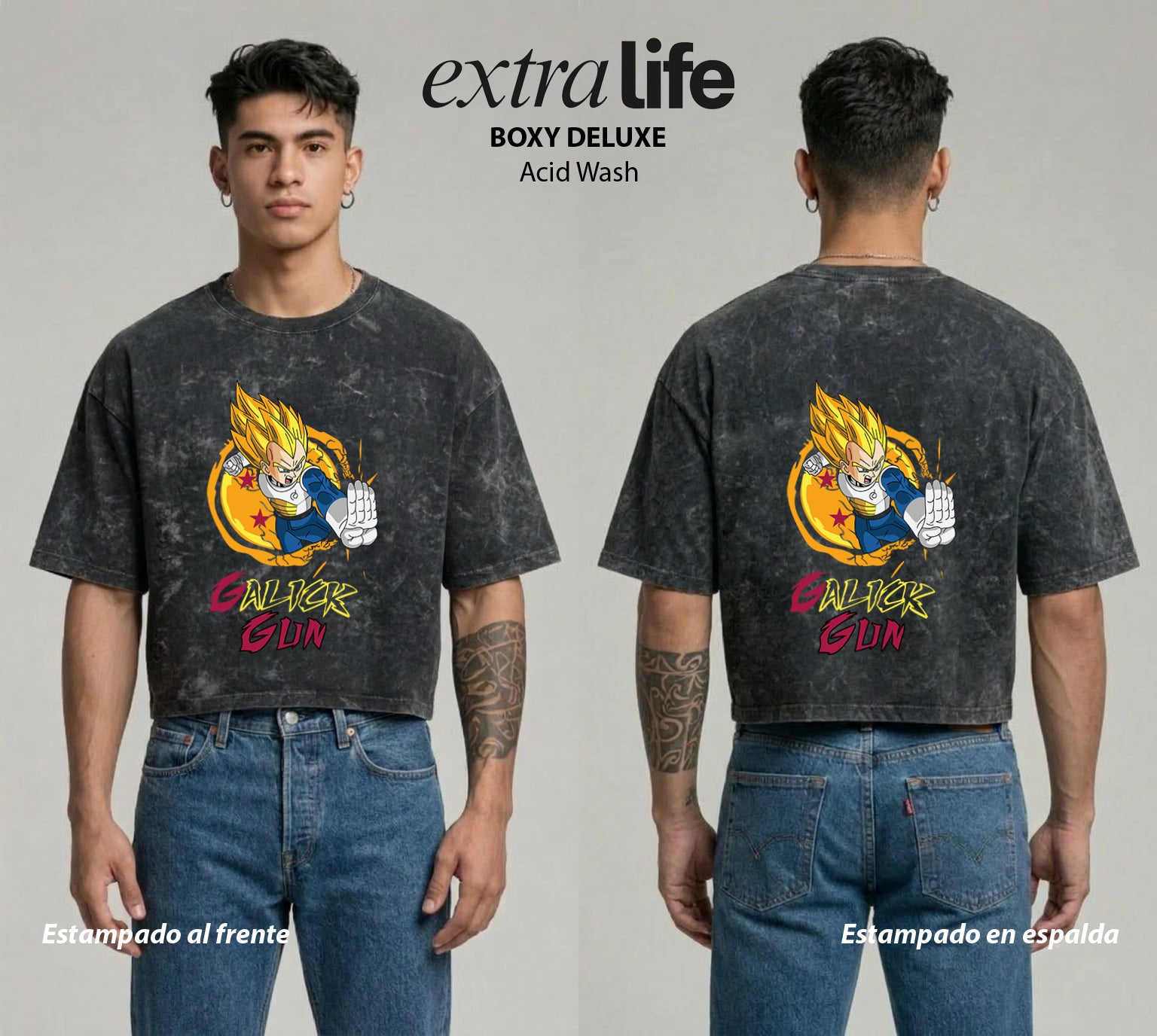 Playera streetwear premium de anime y gaming ExtraLife MX, corte boxy deluxe mineral wash heavyweight en color Acid Wash, moda urbana mexicana de culto.