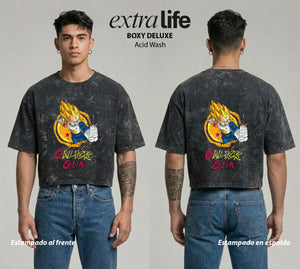 Playera streetwear premium de anime y gaming ExtraLife MX, corte boxy deluxe mineral wash heavyweight en color Acid Wash, moda urbana mexicana de culto.