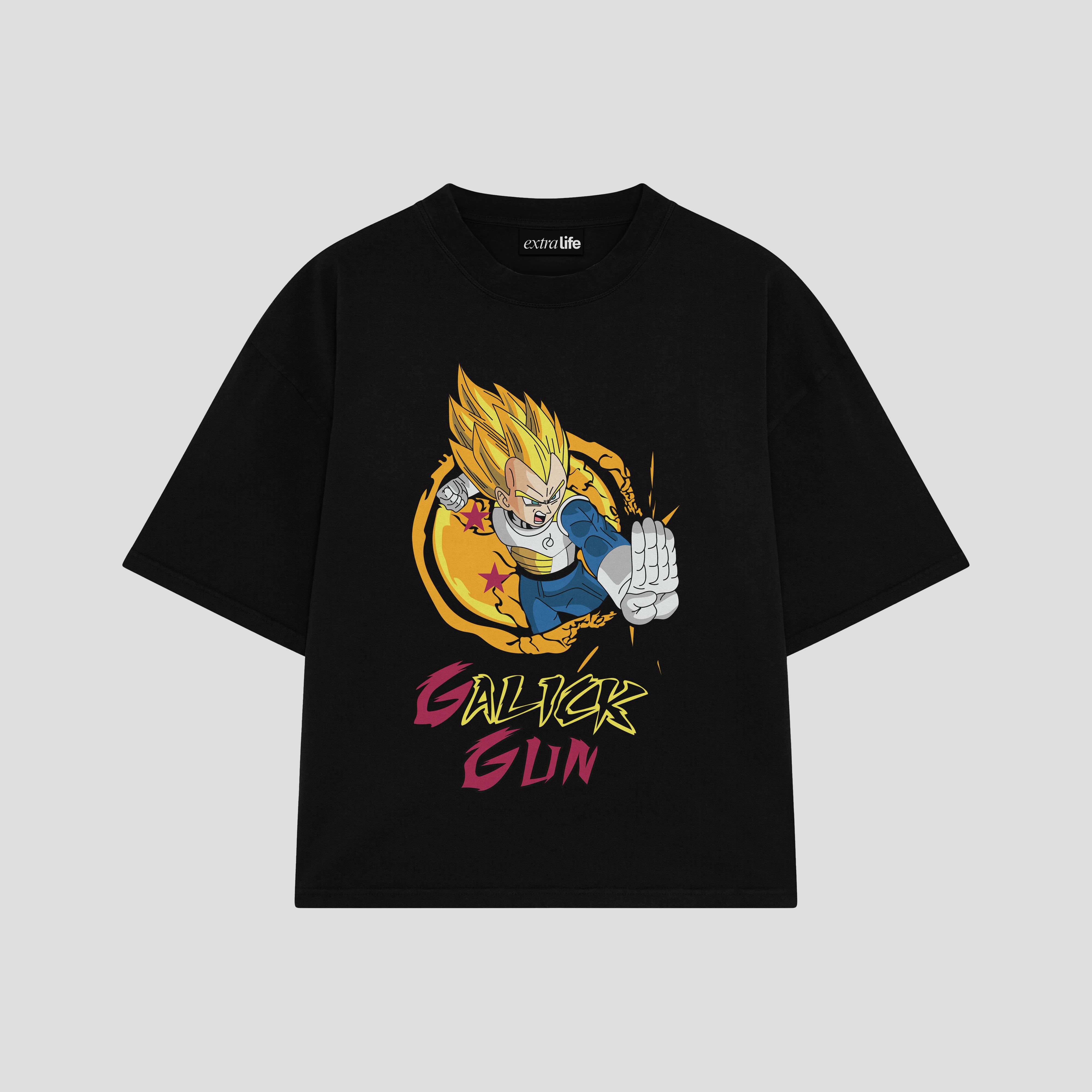 Playera streetwear premium de anime y gaming ExtraLife MX, corte boxy oversized drop shoulder heavyweight en color Deep Black y Off-White, moda urbana mexicana de culto.