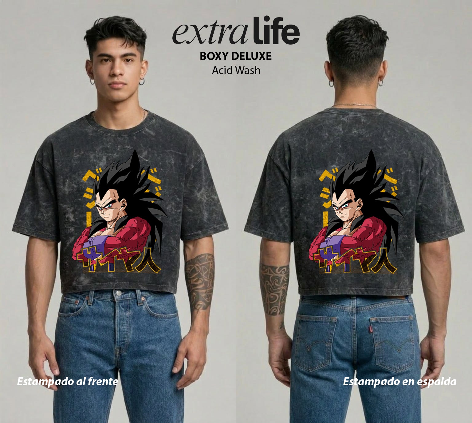 Playera streetwear premium de anime y gaming ExtraLife MX, corte boxy deluxe mineral wash heavyweight en color Acid Wash, moda urbana mexicana de culto.