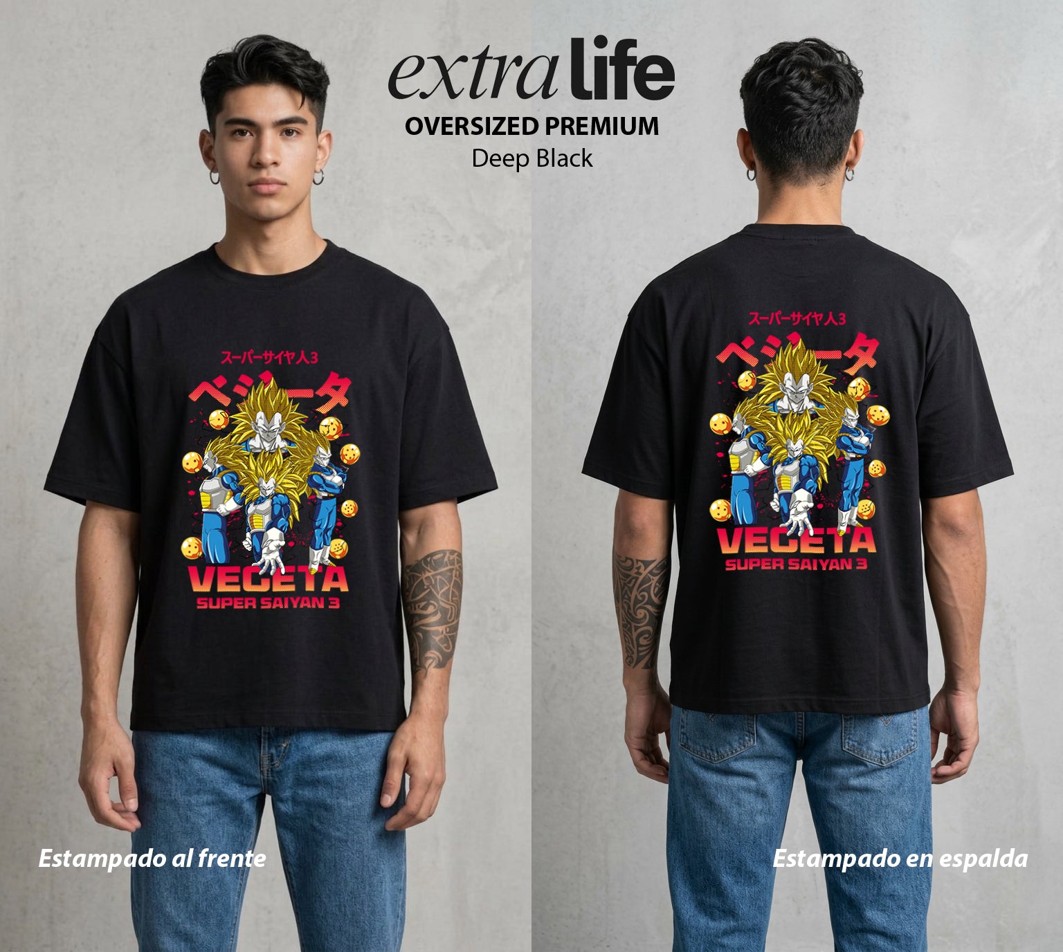 El Poder de las Esferas | Orgullo Saiyajin #00909 - Playera Oversized Premium | Deep Black - Foto en modelo