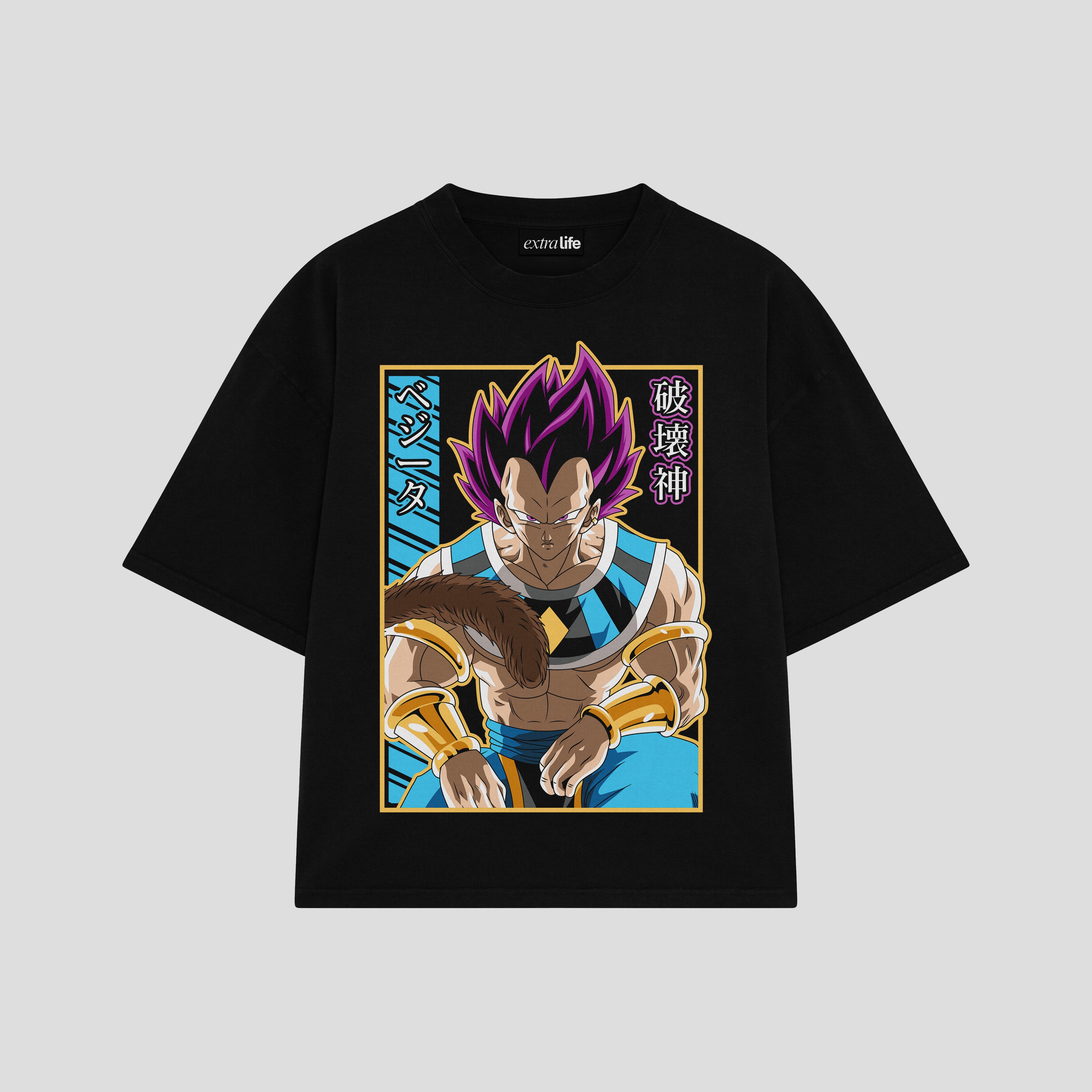 Playera streetwear premium de anime y gaming ExtraLife MX, corte boxy oversized drop shoulder heavyweight en color Deep Black y Off-White, moda urbana mexicana de culto.