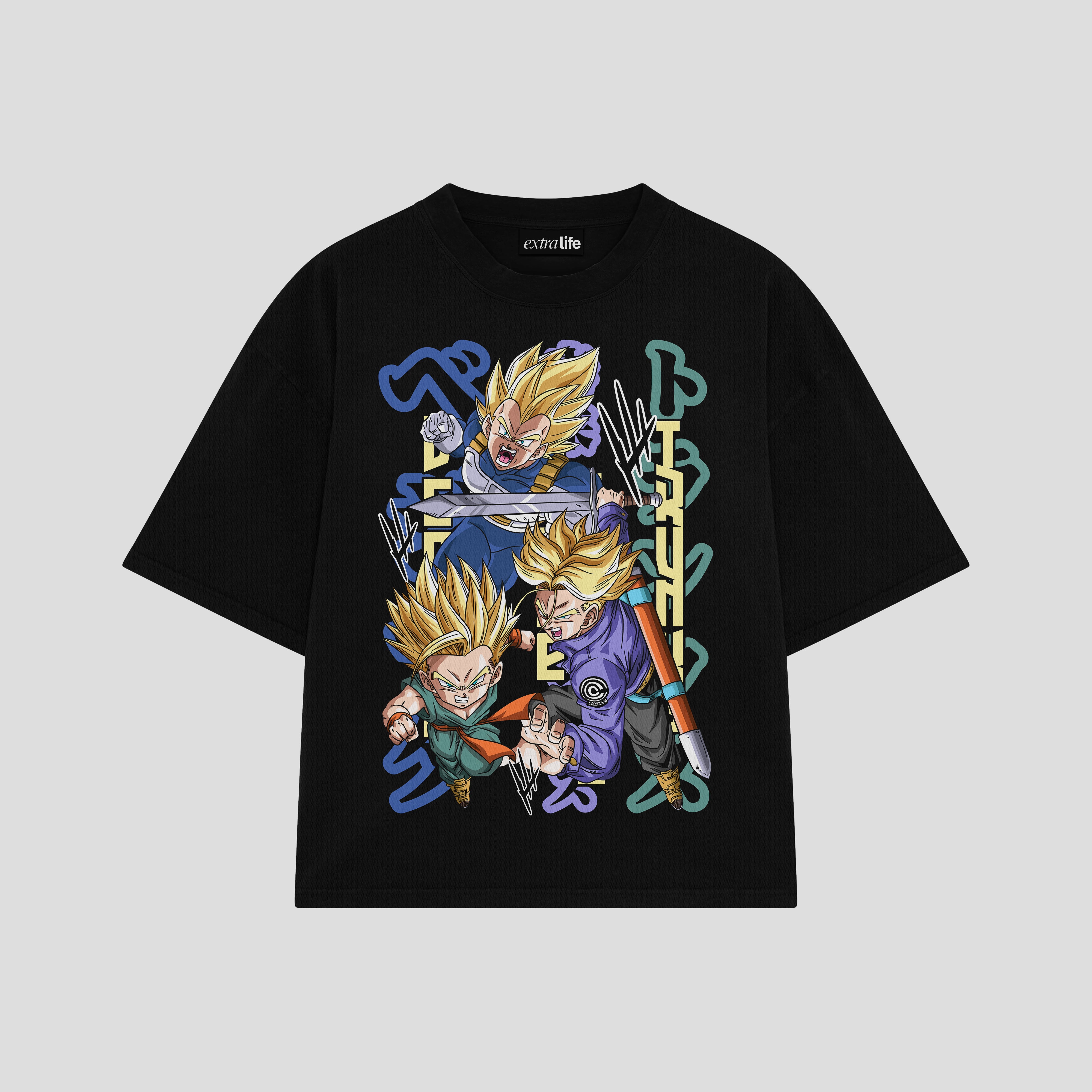 Playera streetwear premium de anime y gaming ExtraLife MX, corte boxy oversized drop shoulder heavyweight en color Deep Black y Off-White, moda urbana mexicana de culto.