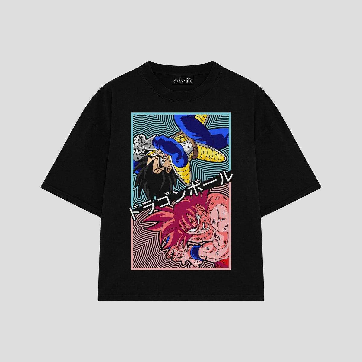Playera streetwear premium de anime y gaming ExtraLife MX, corte oversized drop shoulder ligero y fresco en color Deep Black y Off-White, moda urbana mexicana de culto.