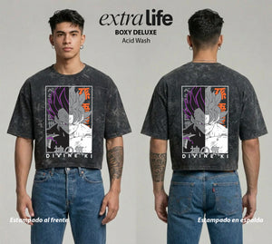 Playera streetwear premium de anime y gaming ExtraLife MX, corte boxy deluxe mineral wash heavyweight en color Acid Wash, moda urbana mexicana de culto.