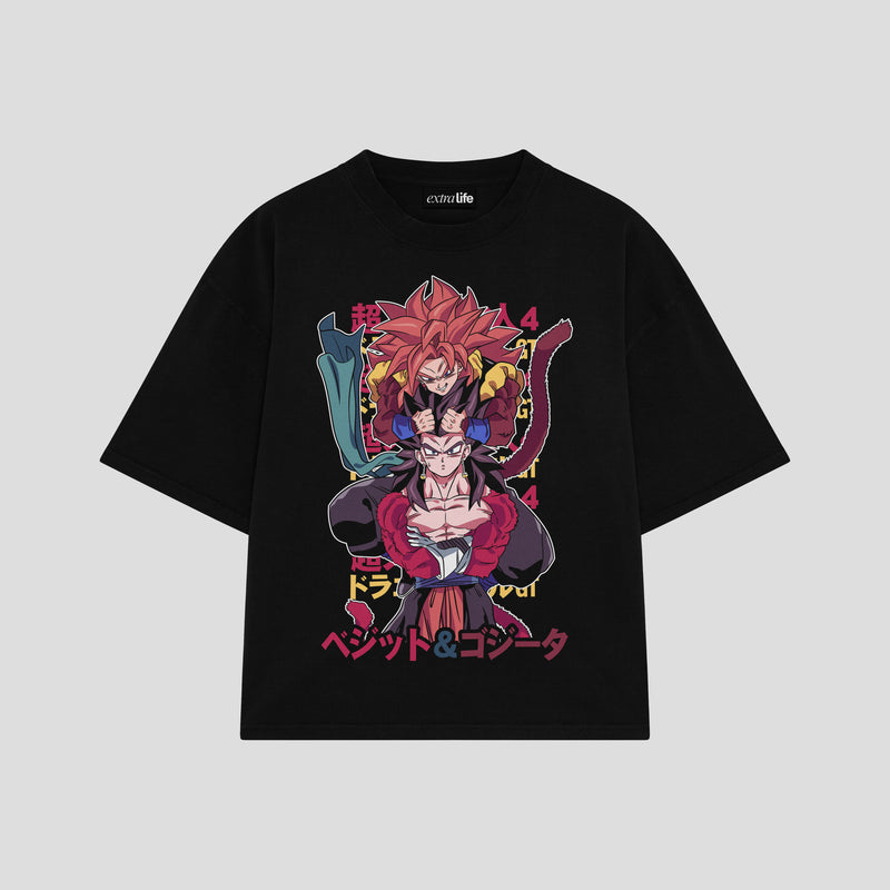 Playera streetwear premium de anime y gaming ExtraLife MX, corte boxy oversized drop shoulder heavyweight en color Deep Black y Off-White, moda urbana mexicana de culto.