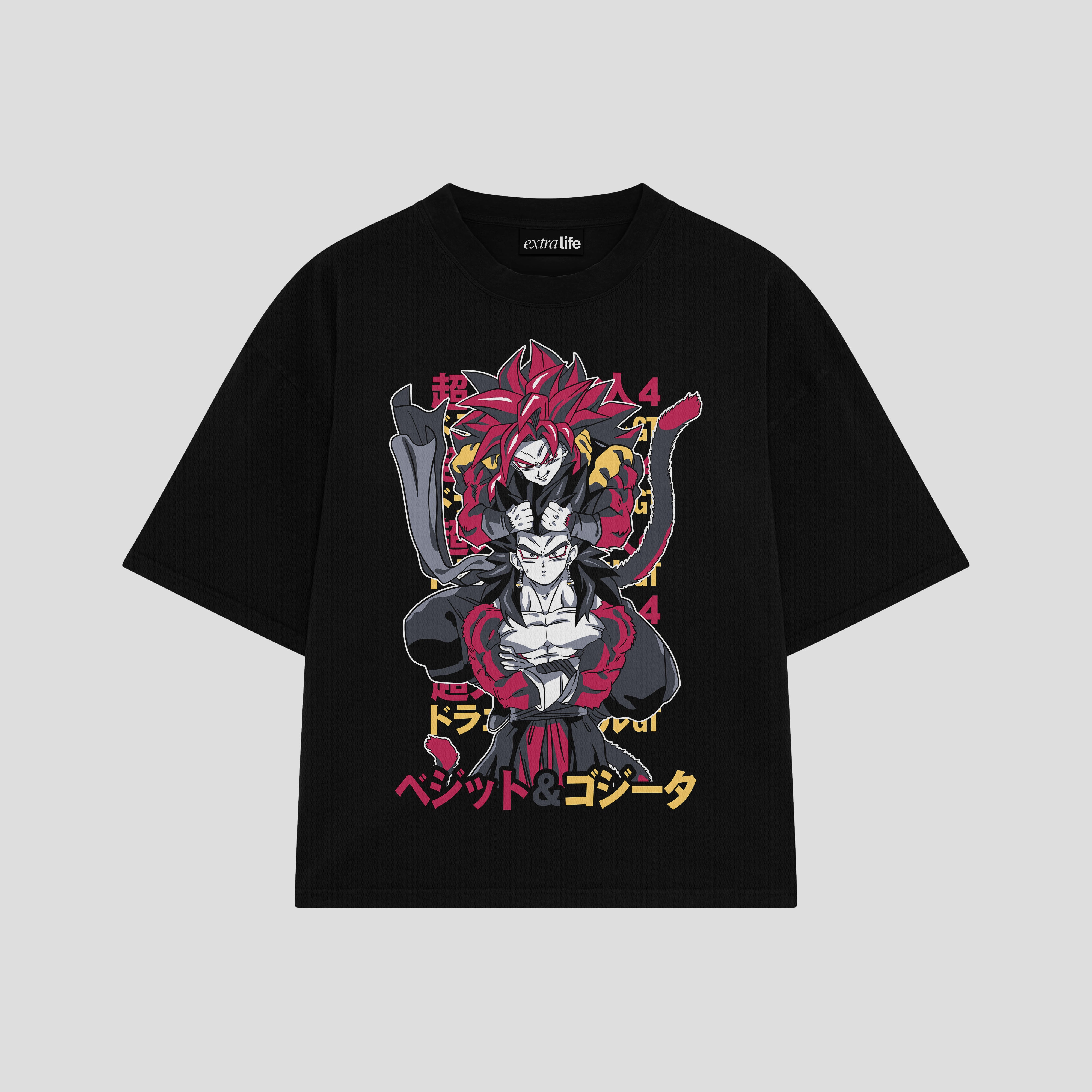Playera streetwear premium de anime y gaming ExtraLife MX, corte boxy oversized drop shoulder heavyweight en color Deep Black y Off-White, moda urbana mexicana de culto.
