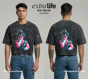 Playera streetwear premium de anime y gaming ExtraLife MX, corte boxy deluxe mineral wash heavyweight en color Acid Wash, moda urbana mexicana de culto.
