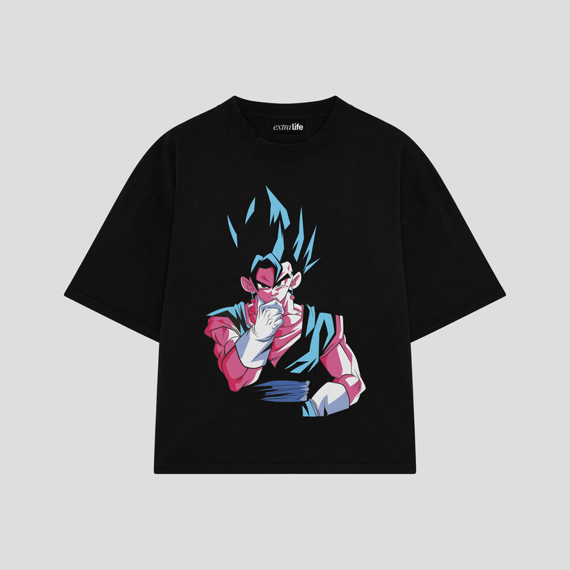 Playera streetwear premium de anime y gaming ExtraLife MX, corte boxy oversized drop shoulder heavyweight en color Deep Black y Off-White, moda urbana mexicana de culto.