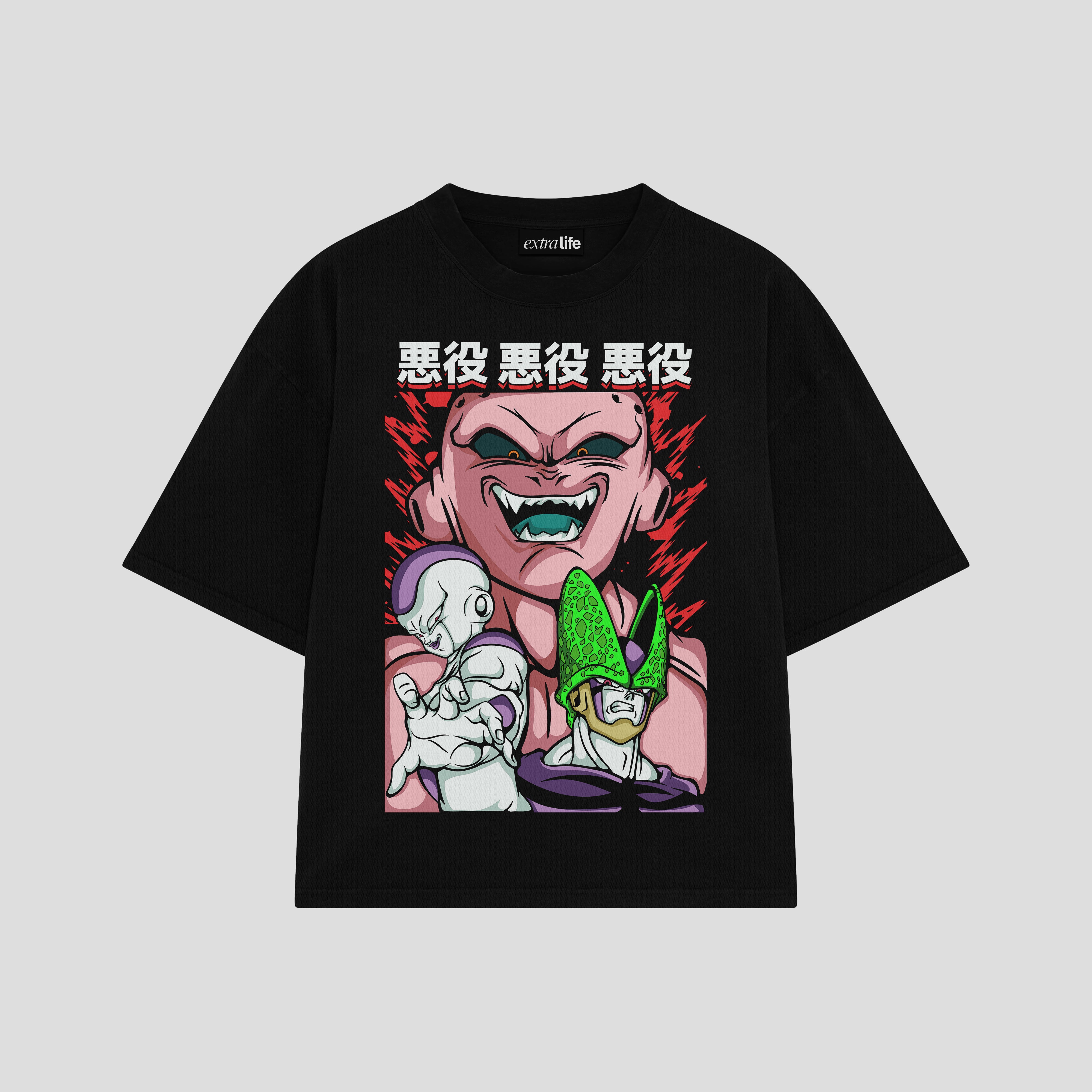 Playera streetwear premium de anime y gaming ExtraLife MX, corte boxy oversized drop shoulder heavyweight en color Deep Black y Off-White, moda urbana mexicana de culto.
