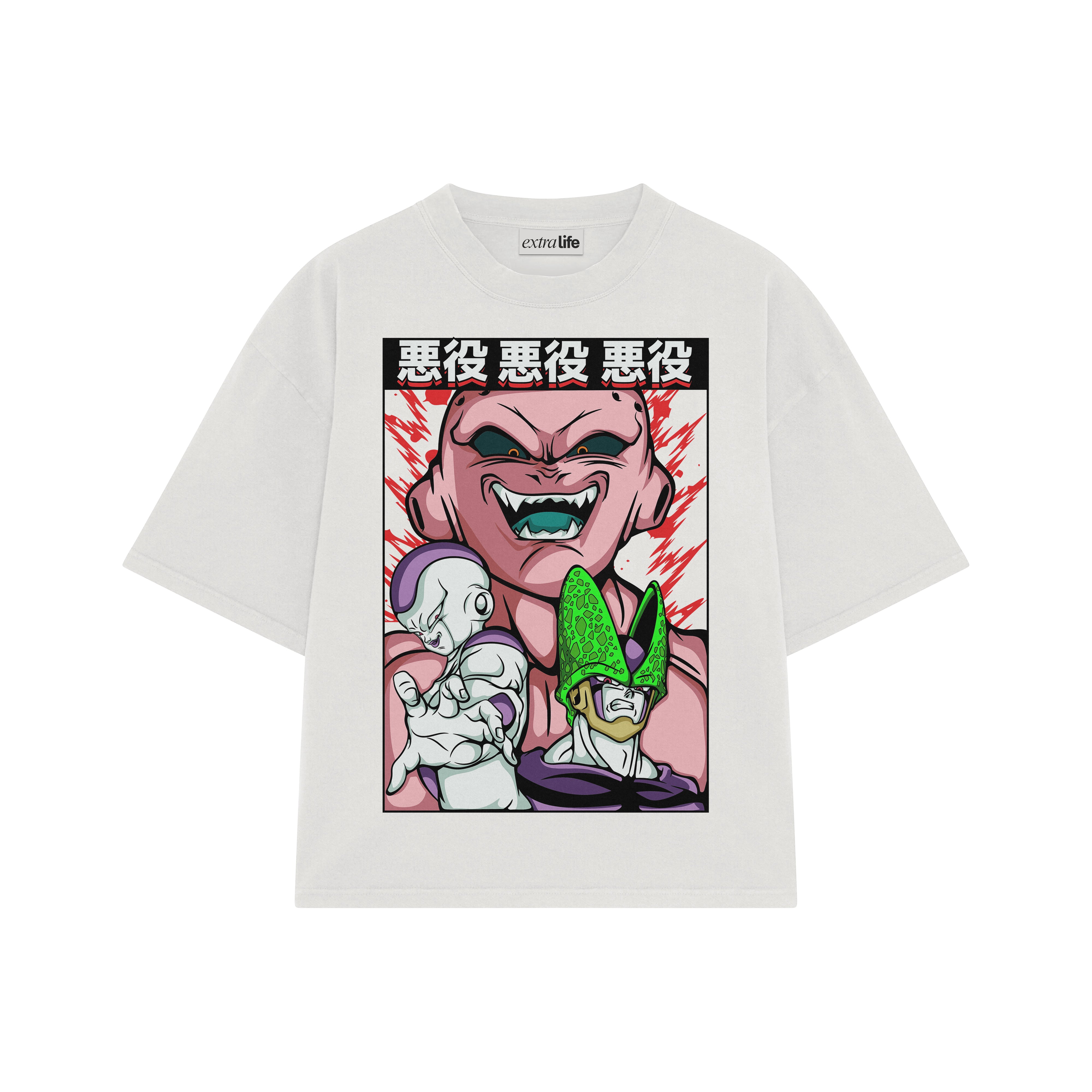 Playera streetwear premium de anime y gaming ExtraLife MX, corte boxy oversized drop shoulder heavyweight en color Deep Black y Off-White, moda urbana mexicana de culto.