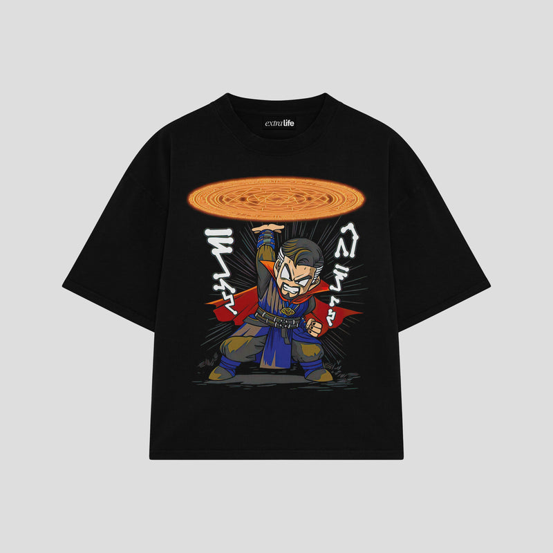 Playera streetwear premium de anime y gaming ExtraLife MX, corte boxy oversized drop shoulder heavyweight en color Deep Black y Off-White, moda urbana mexicana de culto.