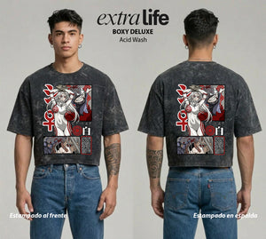 Playera streetwear premium de anime y gaming ExtraLife MX, corte boxy deluxe mineral wash heavyweight en color Acid Wash, moda urbana mexicana de culto.