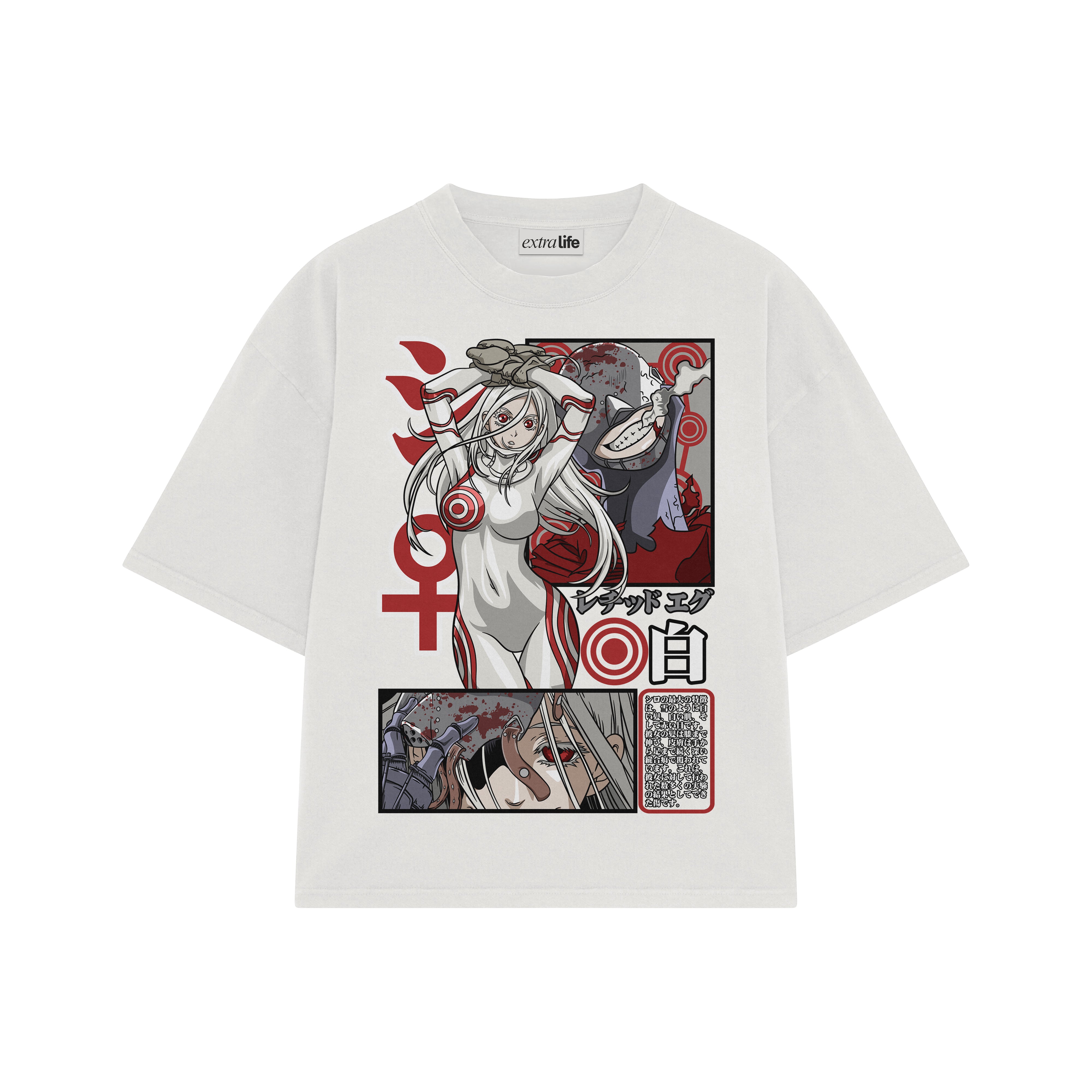 Playera streetwear premium de anime y gaming ExtraLife MX, corte boxy oversized drop shoulder heavyweight en color Deep Black y Off-White, moda urbana mexicana de culto.