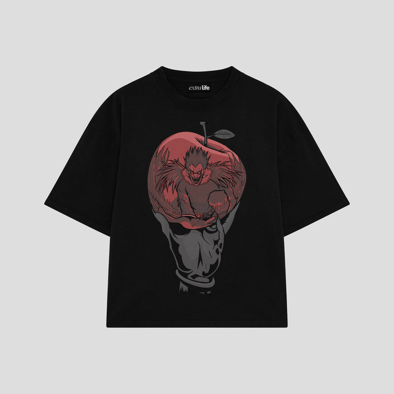 Playera streetwear premium de anime y gaming ExtraLife MX, corte boxy oversized drop shoulder heavyweight en color Deep Black y Off-White, moda urbana mexicana de culto.