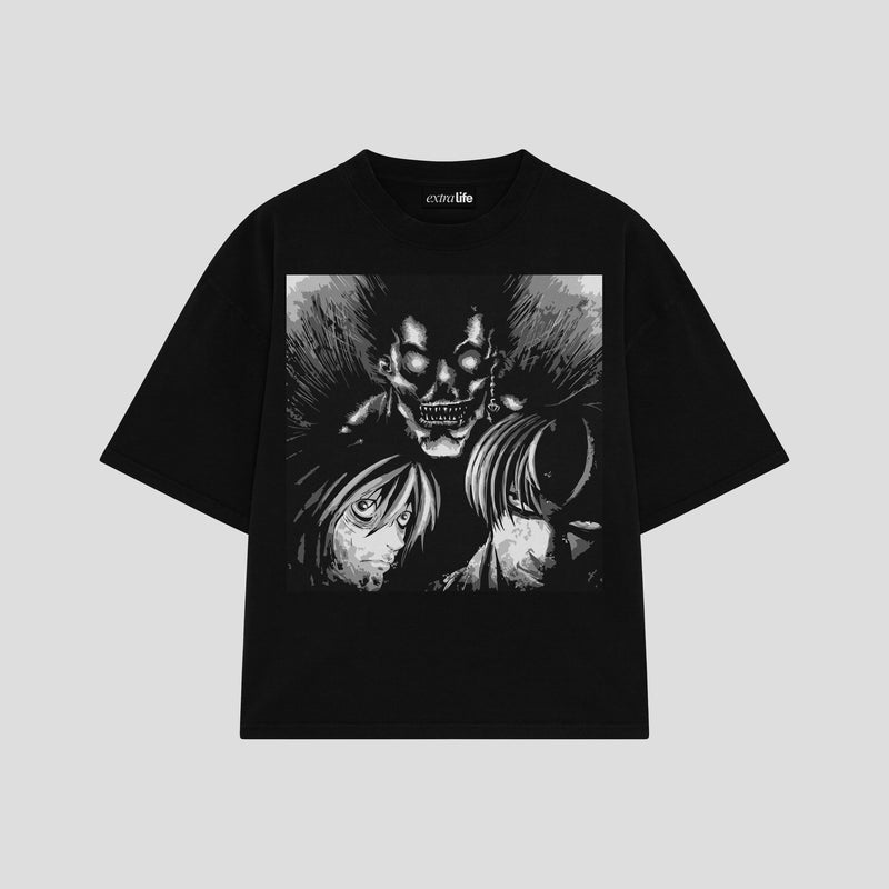 Playera streetwear premium de anime y gaming ExtraLife MX, corte boxy oversized drop shoulder heavyweight en color Deep Black y Off-White, moda urbana mexicana de culto.