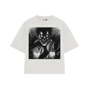Playera streetwear premium de anime y gaming ExtraLife MX, corte boxy oversized drop shoulder heavyweight en color Deep Black y Off-White, moda urbana mexicana de culto.