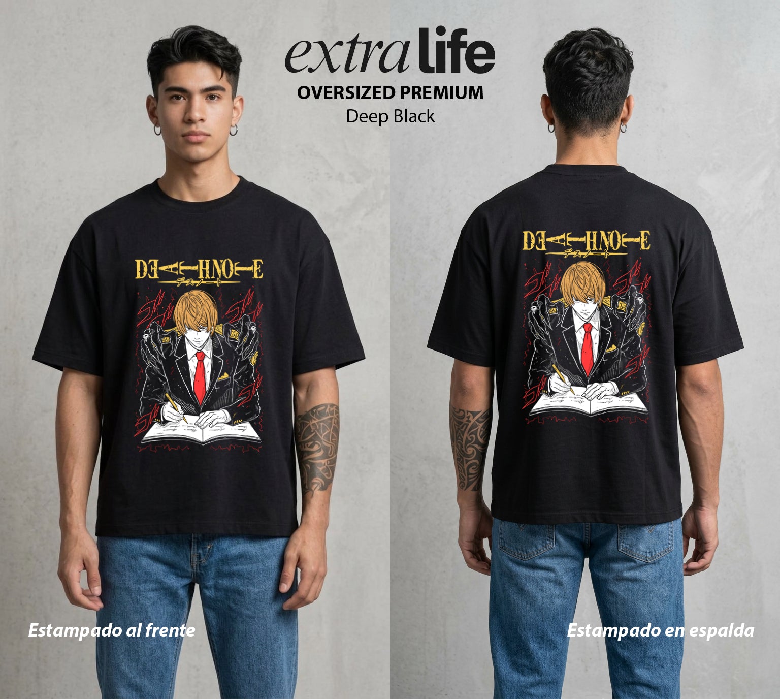 El Cuaderno del Juicio | El Dios del Crimen #00929 - Playera Oversized Premium | Deep Black - Foto en modelo
