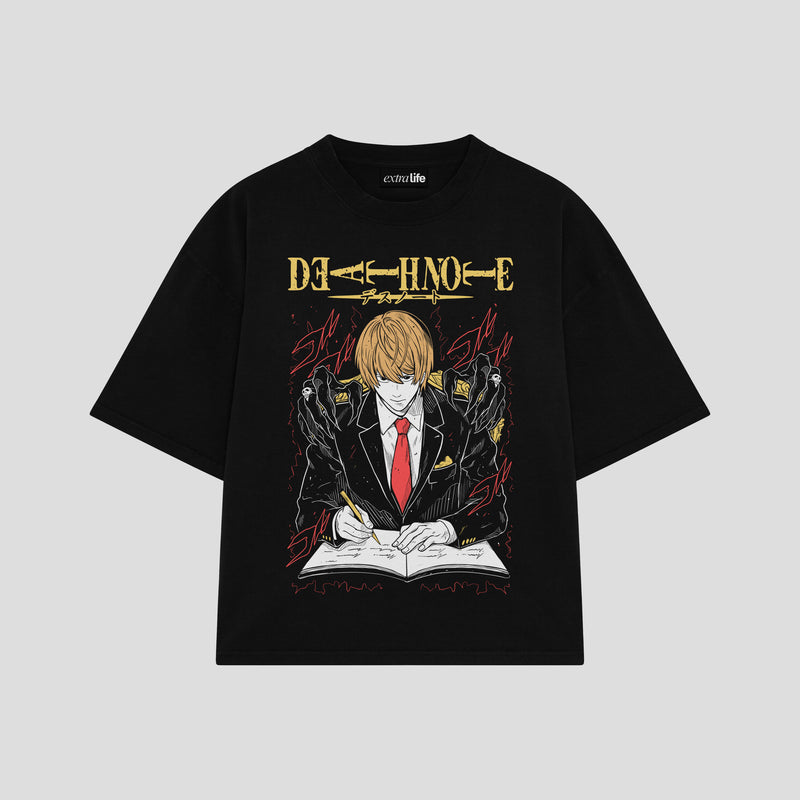 Playera streetwear premium de anime y gaming ExtraLife MX, corte boxy oversized drop shoulder heavyweight en color Deep Black y Off-White, moda urbana mexicana de culto.