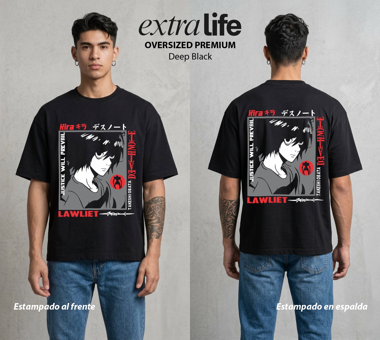 El Cuaderno del Juicio | Death Note L #00930 - Playera Oversized Premium | Deep Black - Foto en modelo