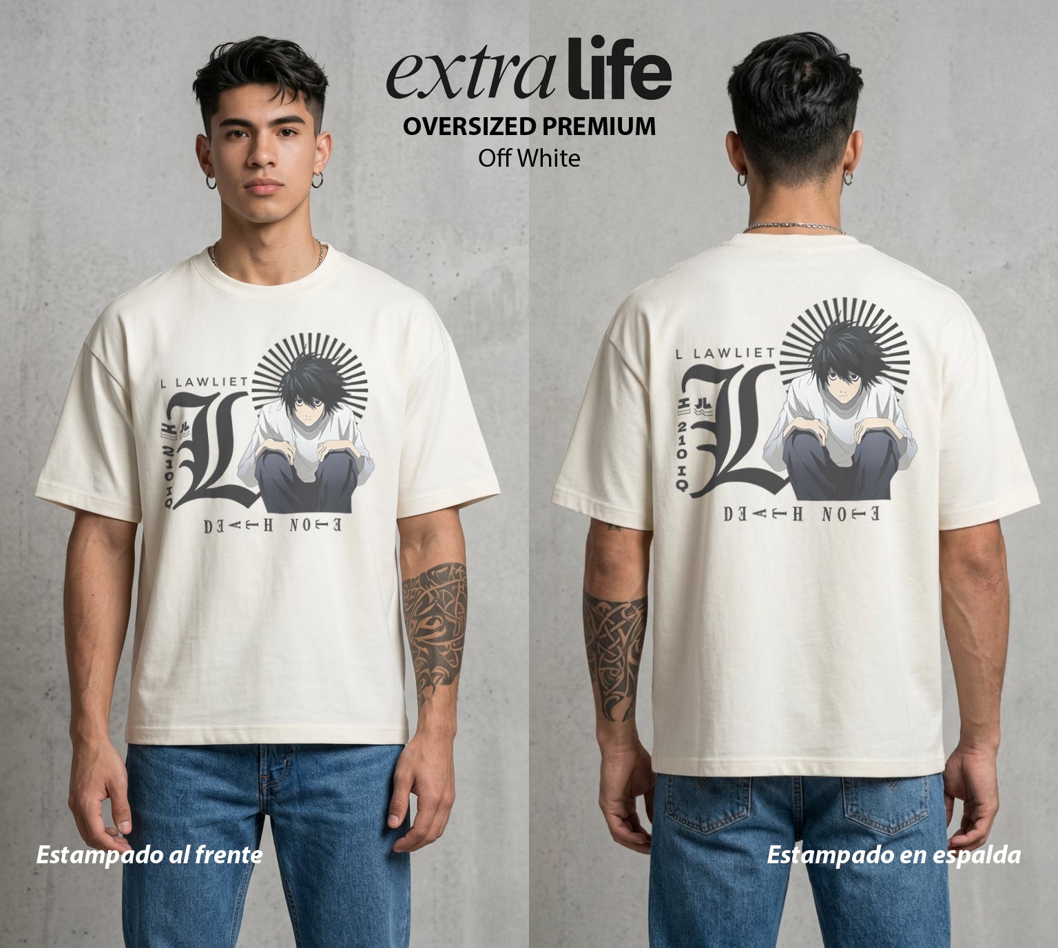El Cuaderno del Juicio | El Enigma L #00931 - Playera Oversized Premium | Off White - Foto en modelo