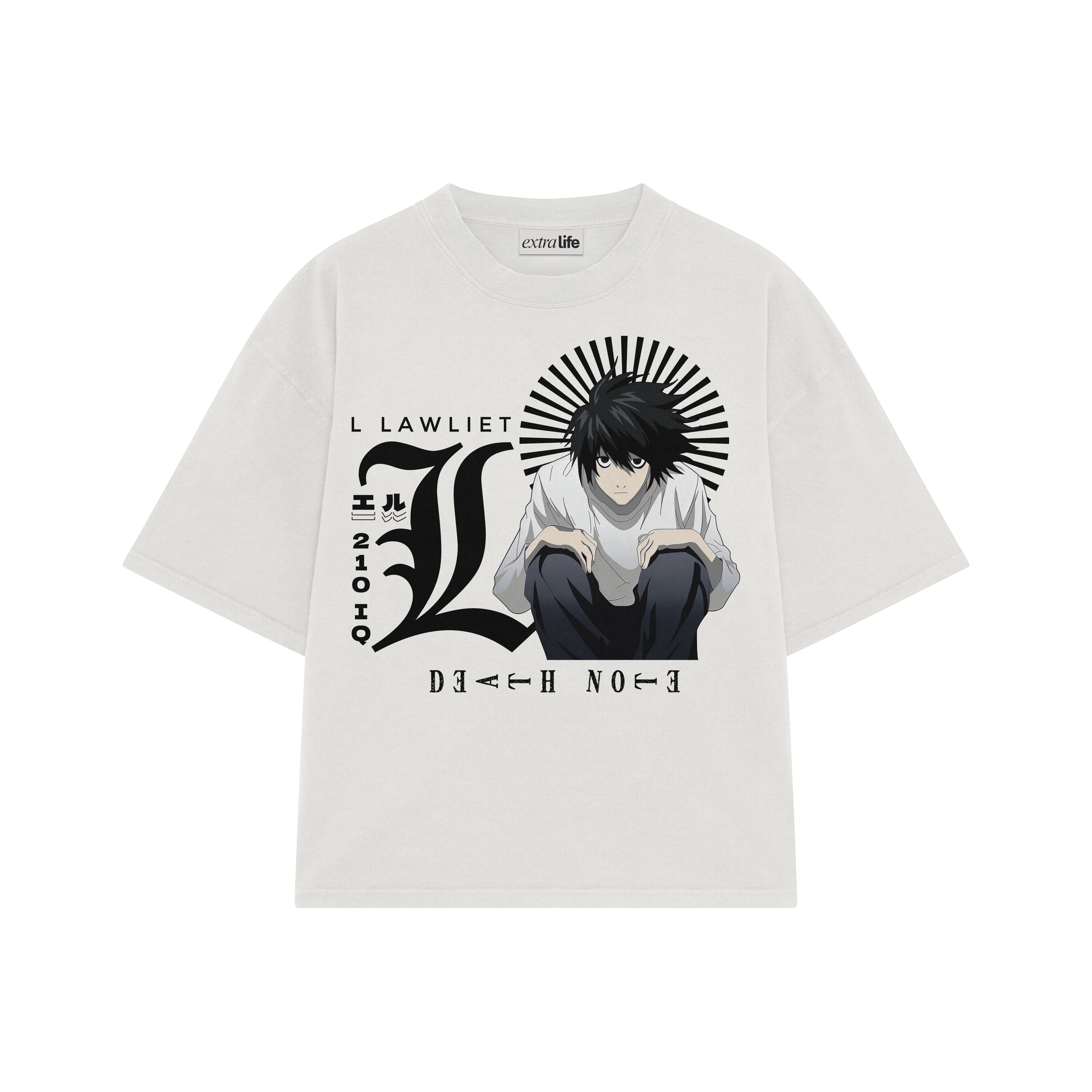 Playera streetwear premium de anime y gaming ExtraLife MX, corte boxy oversized drop shoulder heavyweight en color Deep Black y Off-White, moda urbana mexicana de culto.