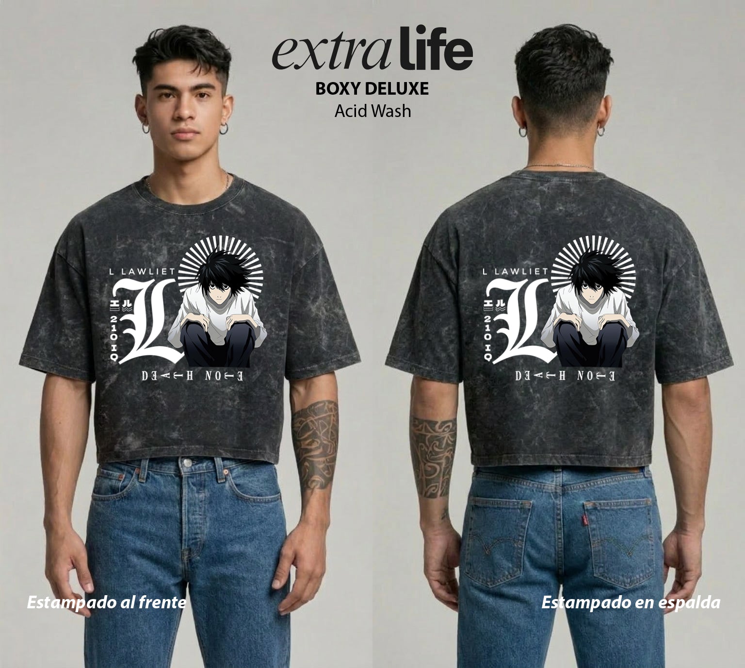 Playera streetwear premium de anime y gaming ExtraLife MX, corte boxy deluxe mineral wash heavyweight en color Acid Wash, moda urbana mexicana de culto.