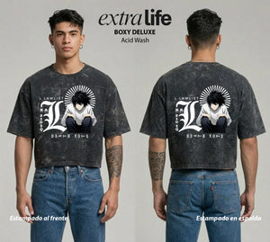 Playera streetwear premium de anime y gaming ExtraLife MX, corte boxy deluxe mineral wash heavyweight en color Acid Wash, moda urbana mexicana de culto.