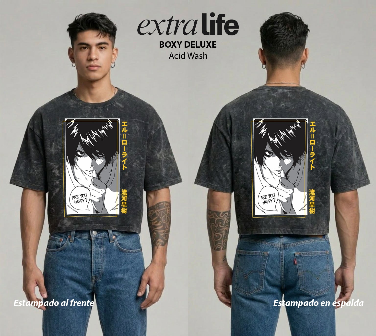 Playera streetwear premium de anime y gaming ExtraLife MX, corte boxy deluxe mineral wash heavyweight en color Acid Wash, moda urbana mexicana de culto.