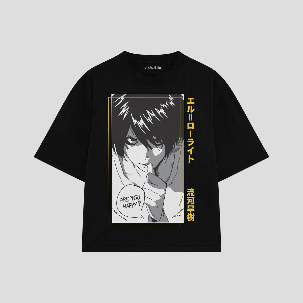 Playera streetwear premium de anime y gaming ExtraLife MX, corte oversized drop shoulder ligero y fresco en color Deep Black y Off-White, moda urbana mexicana de culto.