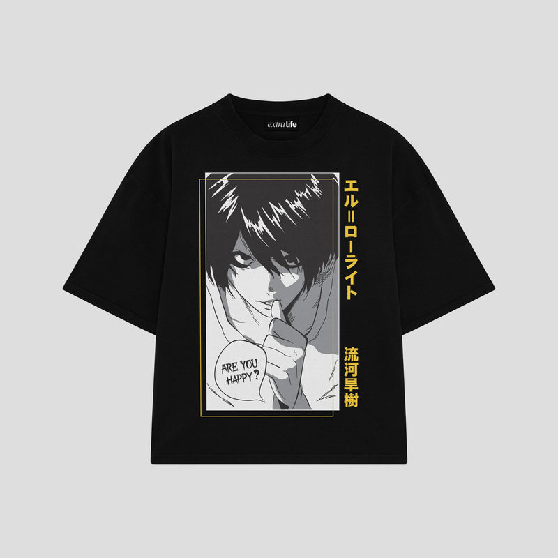 Playera streetwear premium de anime y gaming ExtraLife MX, corte boxy oversized drop shoulder heavyweight en color Deep Black y Off-White, moda urbana mexicana de culto.